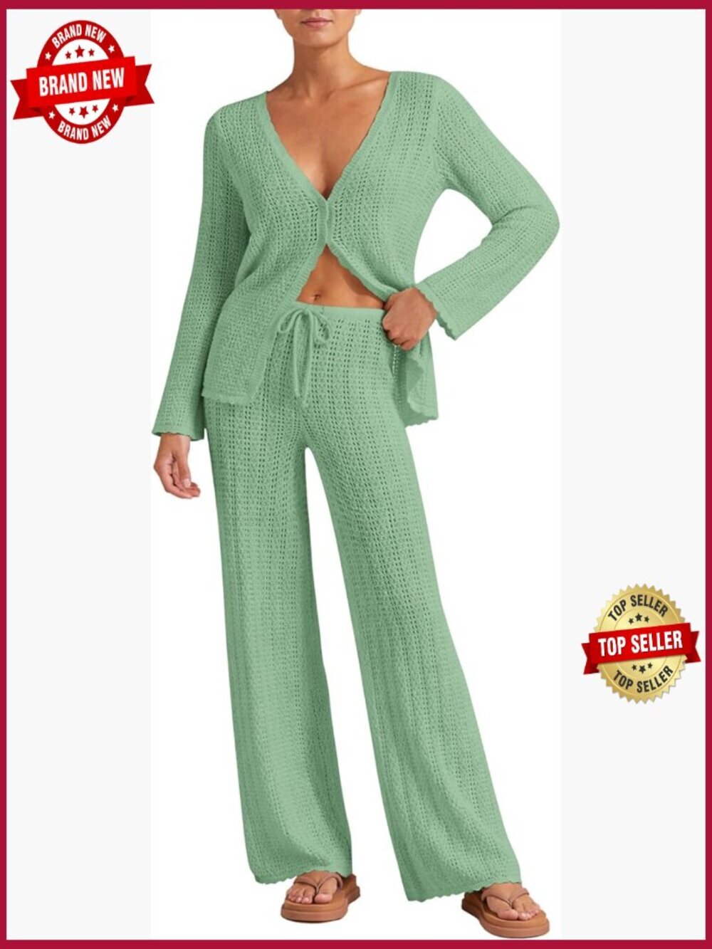 2 Piece Crochet Beach Cover Up Set - Long Sleeve Cardigan & Pants